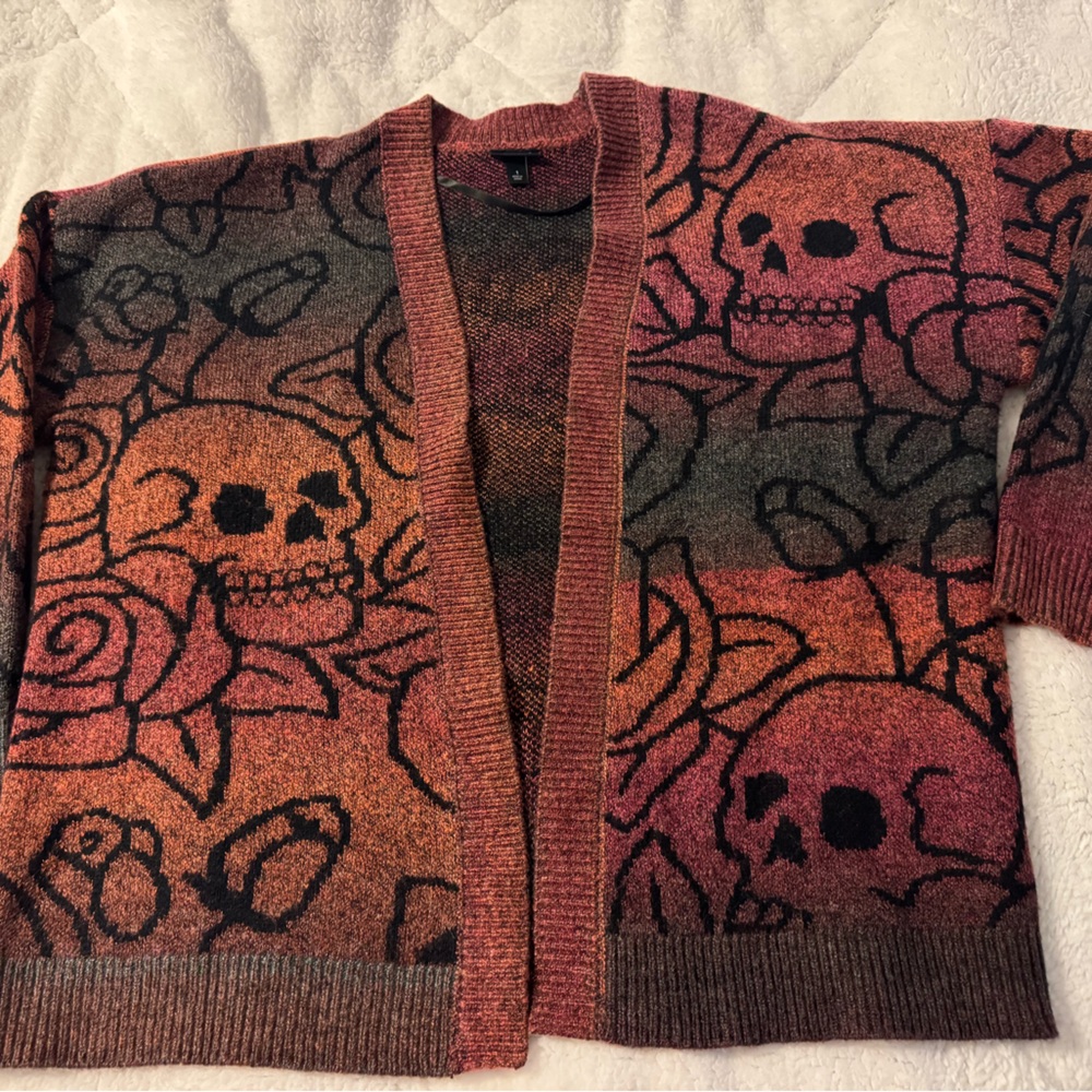 Skull and Rose Cardigan - Red and Brown